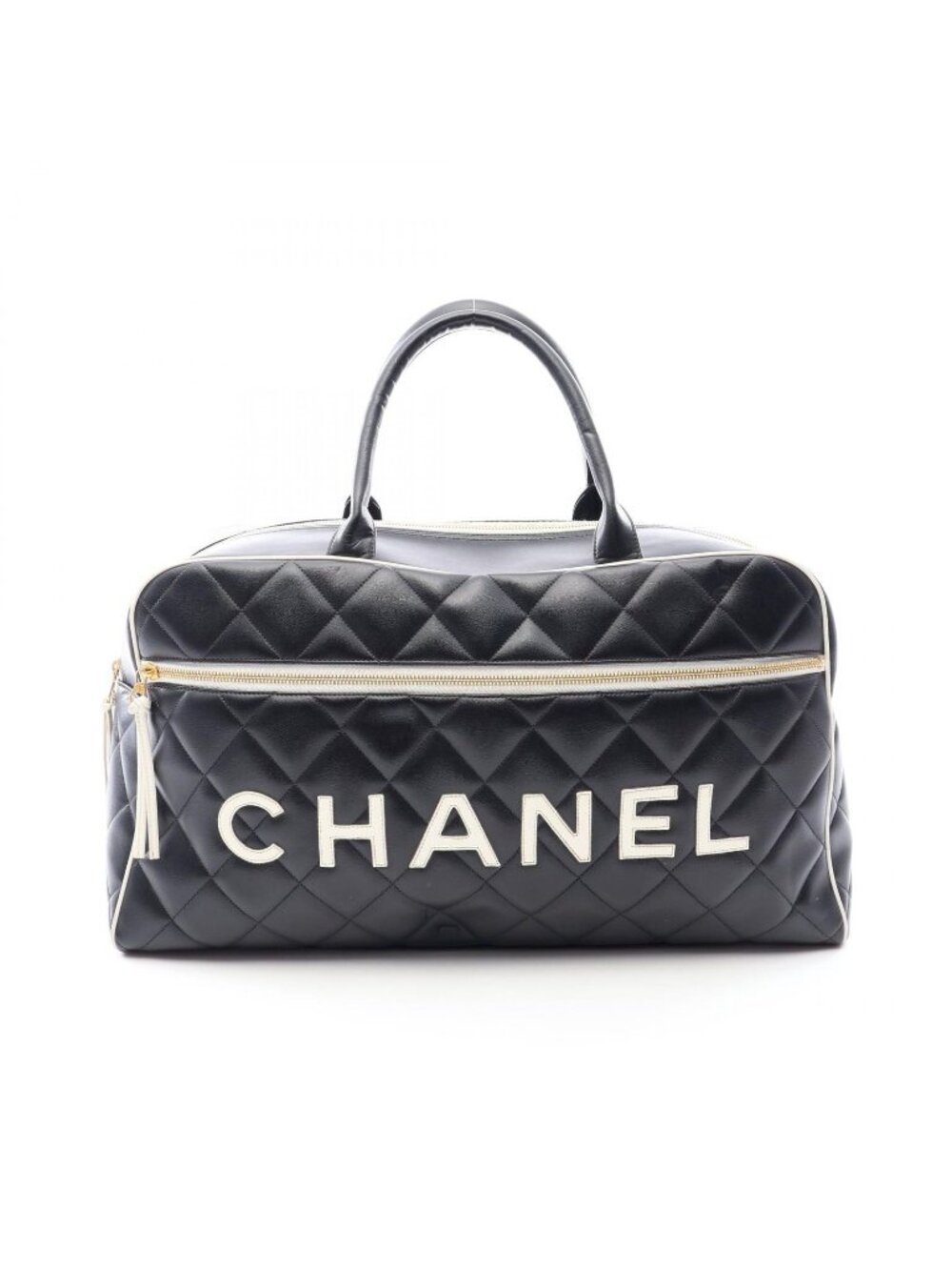 Chanel Boston Bag Quilted Logo Black Leather
